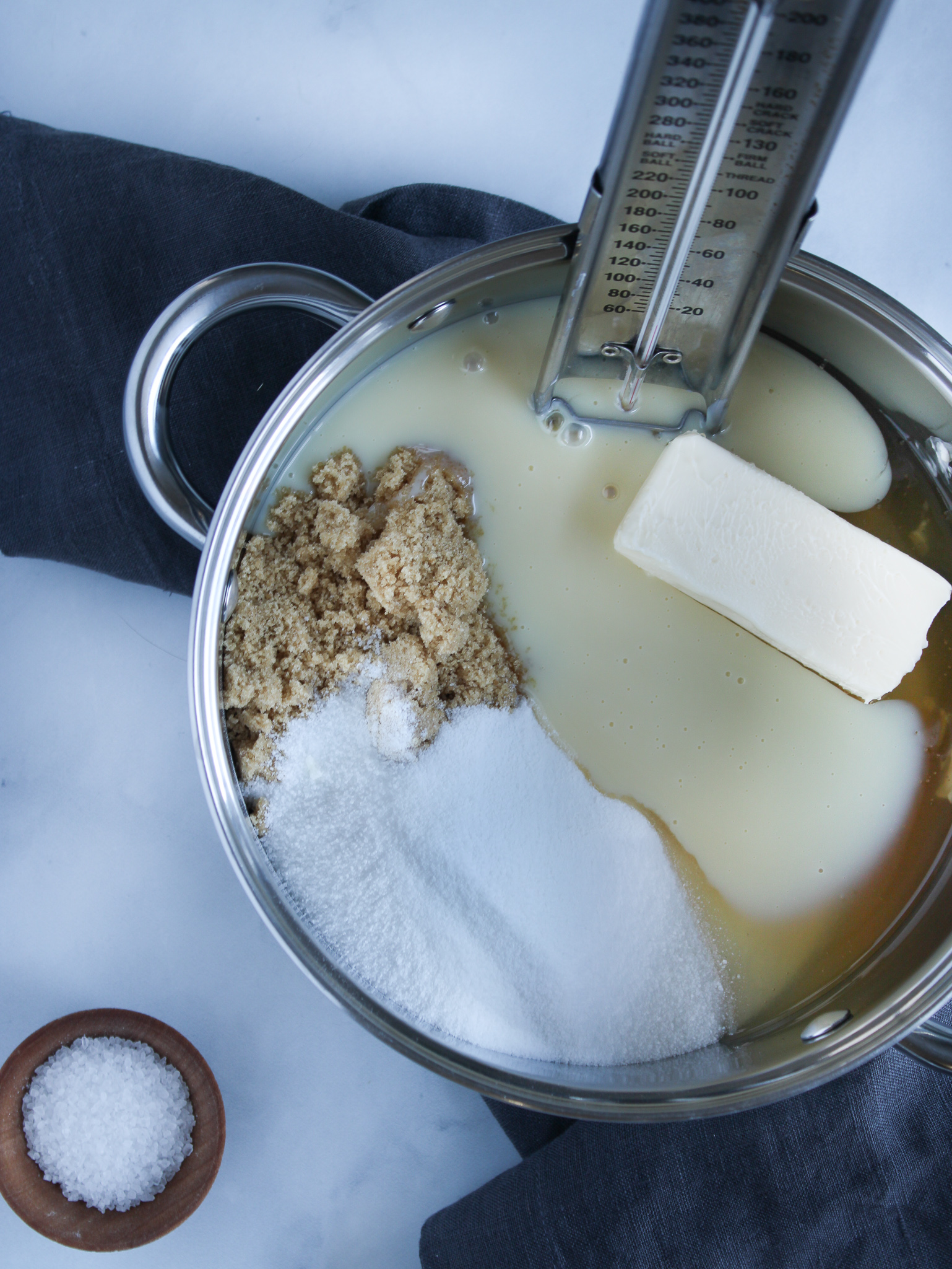 homemade caramel candy ingredients in a pot ready to be cooked.